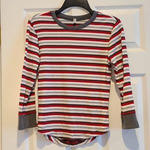 Long sleeves stripped greys white and red.